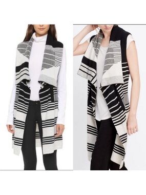 VINCE Cashmere Wool Open Front Draped Cardigan Vest Black Ivory Striped